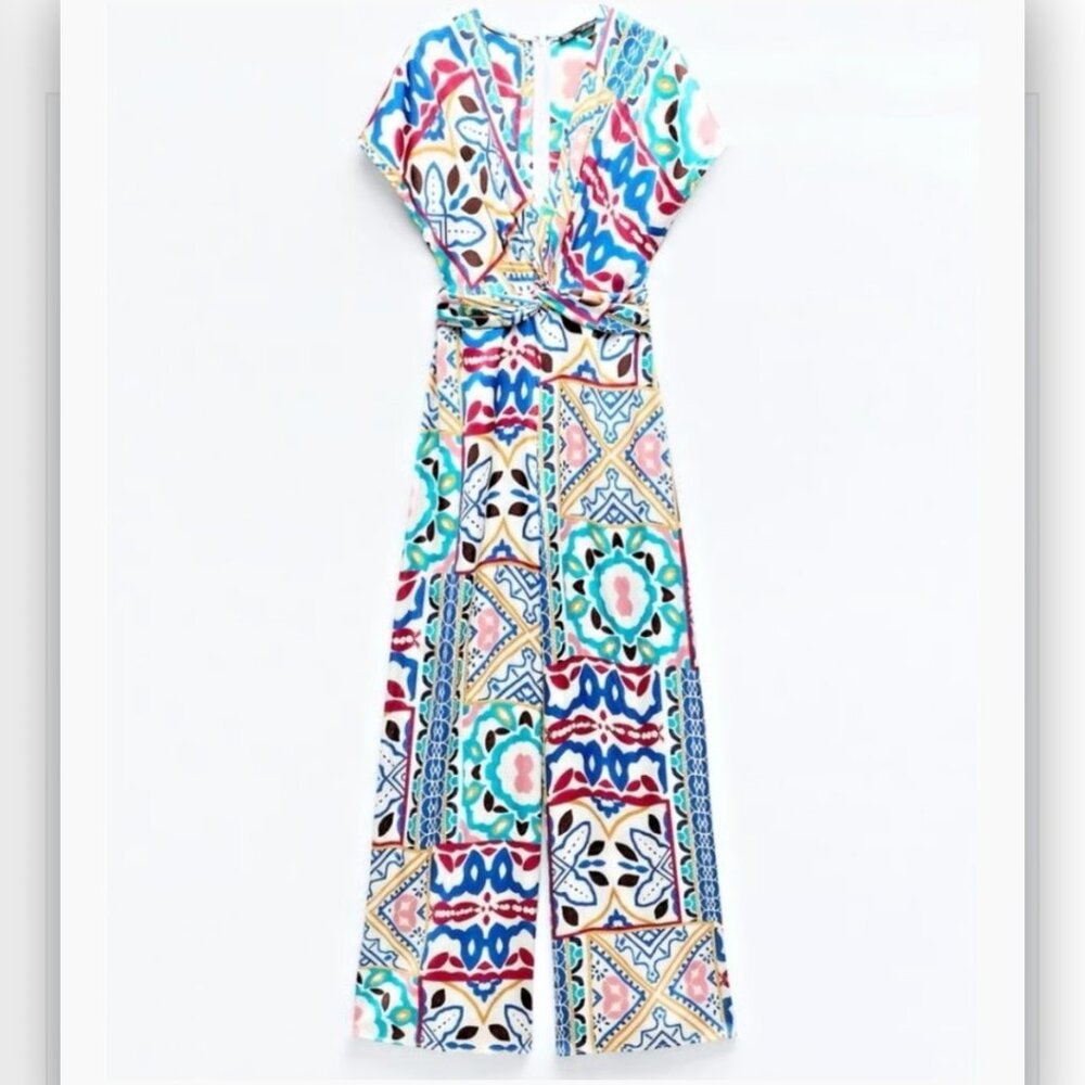 ZARA Satin Effect Print Jumpsuit Size L NEW NWT